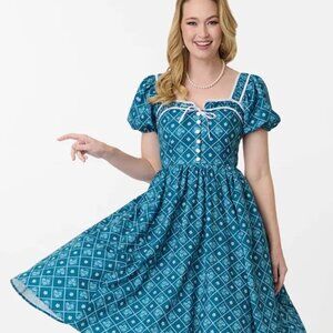 Unique Vintage 1940s Sweetheart Button Front Swing Dress Teal Sz 1x #10